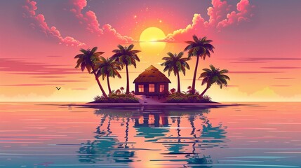 Vector illustration of beautiful scenic landscape of tropical sea island with palm tree and house