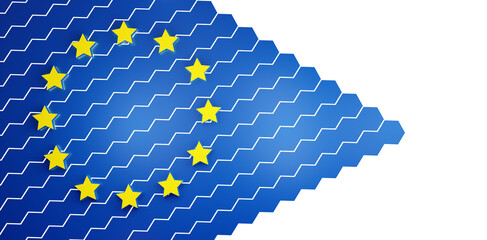 hexagonal design backround of EU Europe, european blue, flag of europe blue and yellow stars in circle, hexagons grid structure as arrow to right © wetzkaz