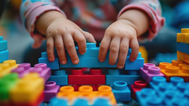 preschool child hands playing with colorful plastic building blocks early education