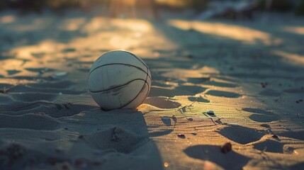 A volleyball rests atop a sandy dune overlooking the beautiful beach landscape, surrounded by aeolian landforms and hardwood flooring AIG50