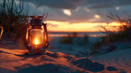 A lantern illuminates the sandy beach at sunset, casting a warm glow over the water and painting the horizon in a beautiful dusk landscape AIG50