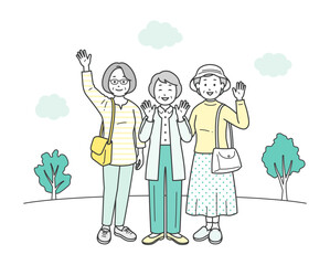 仲の良い高齢女性グループが旅行先で楽しんでいる全身イラスト
