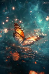 Illuminating shinning glowing beautiful butterfly over dark background.