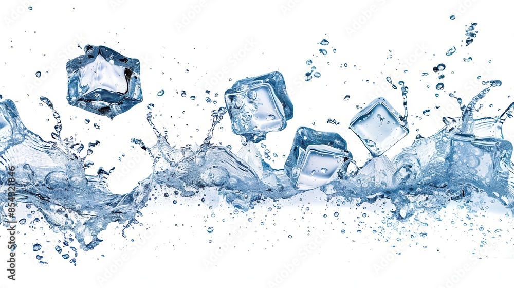 Poster refreshing ice cubes falling and splashing isolated on white highspeed photography