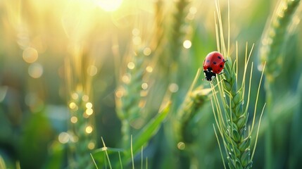 A red ladybug in abstract background of green young wheat ear in field