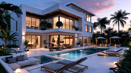 Fototapeta premium Modern villa with pool and outdoor seating in tropical setting
