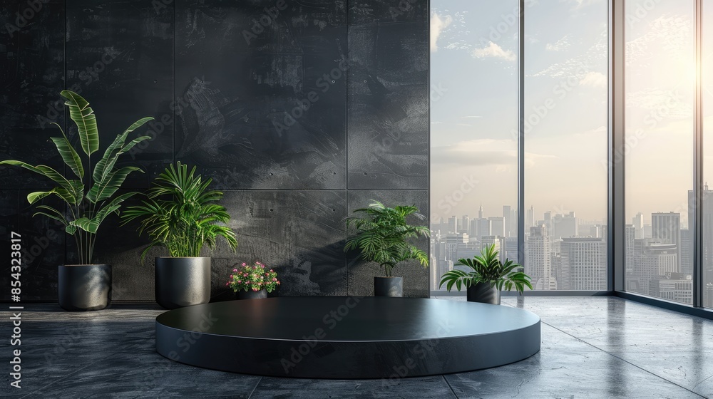 Poster a black and white room with a large window and a round table with plants on it. the plants are in po