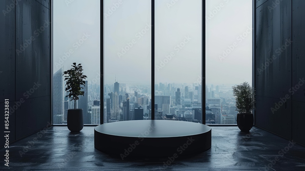 Poster a room with a large window overlooking a city. the room is empty except for a round table and two po