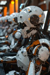 Fototapeta premium Futuristic Office Scene: AI Robots Intensely Working on Computers, One Staring at Camera
