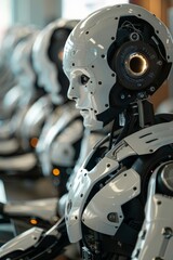 Fototapeta premium Futuristic Office Scene with AI Robots Working at Desks, Close-Up of Robot Making Eye Contact
