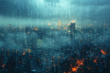 Fototapeta premium A city skyline obscured by heavy rain and low-hanging clouds. Concept of urban atmosphere and the impact of weather. Generative Ai.