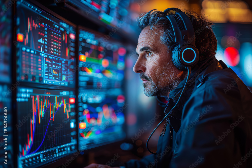 Poster a stock market trader monitoring price movements on multiple screens. concept of investment and mark