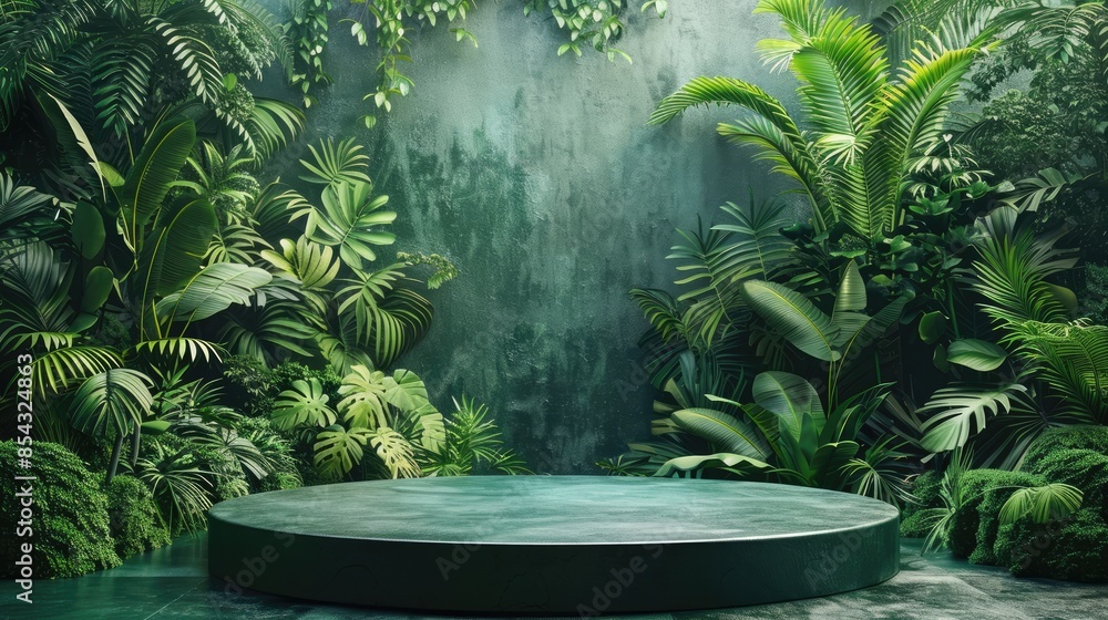 Poster a green jungle scene with a large green circle in the middle. the circle is surrounded by trees and 