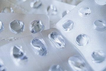 Used empty packaging from pills close up. Many different pill blister silver pharmaceutical...
