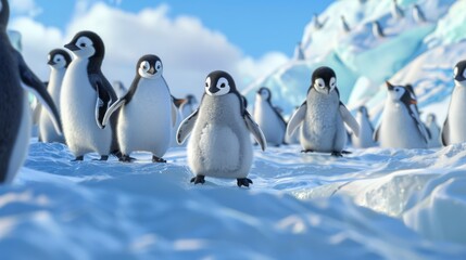A flock of penguins gathered on the ice land Realistic High resolution High resolution High Quality 