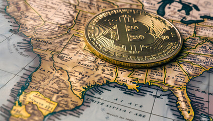 Fototapeta premium A black and gold map of the United States with an embossed Bitcoin symbol, representing the growth of the global digital currency community. Ideal for finance, cryptocurrency, blockchain technology.