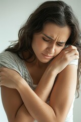 Naklejka premium Disease and Health care insurance concept. Woman pained expression and sick at home