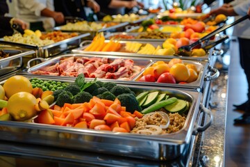 Obraz premium A buffet table with a variety of food including vegetables, fruits, and meats. The table is set up for a large gathering of people