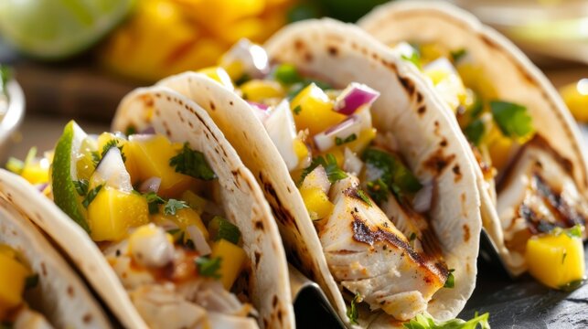 A hearty dish of fish tacos filled with grilled mahi mahi and served with a side of mango salsa.
