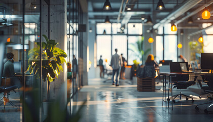 Modern office interior with busy professionals and diverse team working