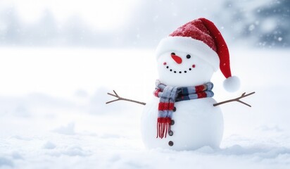 Fototapeta premium snowman with red hat and red scarf