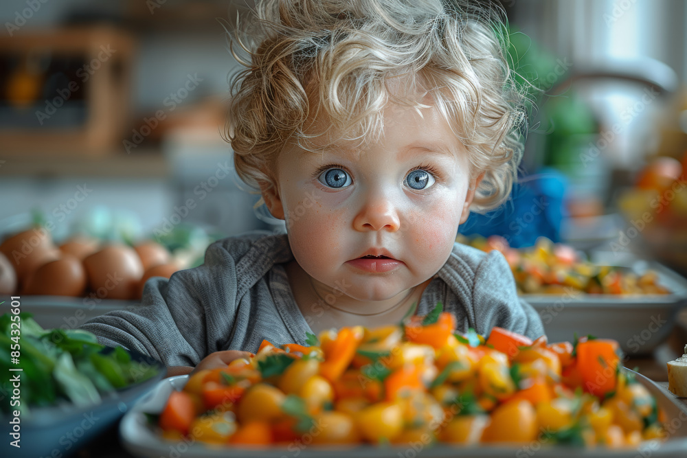 Poster a toddler eagerly exploring the textures of different foods. concept of sensory exploration and meal