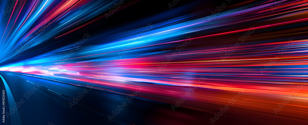 Poster abstract illustration depicting high-speed light trails in 3d, creating a dynamic and futuristic bac