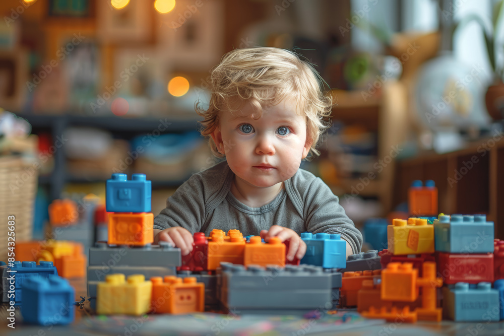 Poster a toddler building a tower with colorful blocks. concept of fine motor skills and creativity in play