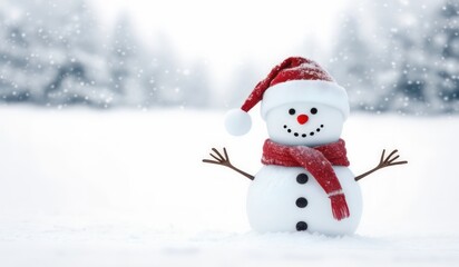 Fototapeta premium snowman with red hat and red scarf