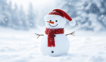 Fototapeta premium snowman with red hat and red scarf
