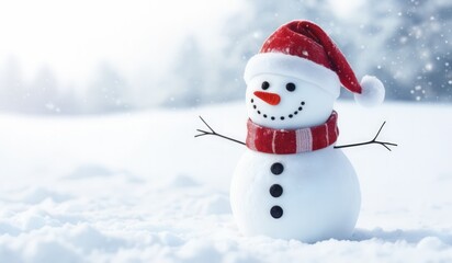 Fototapeta premium snowman with red hat and red scarf