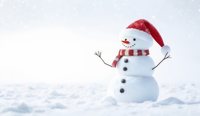 Fototapeta premium snowman with red hat and red scarf