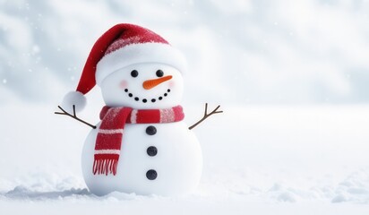 Fototapeta premium snowman with red hat and red scarf