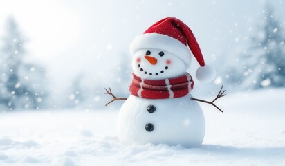 Fototapeta premium snowman with red hat and red scarf