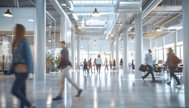 Modern office interior with busy team of professionals, diverse business crew