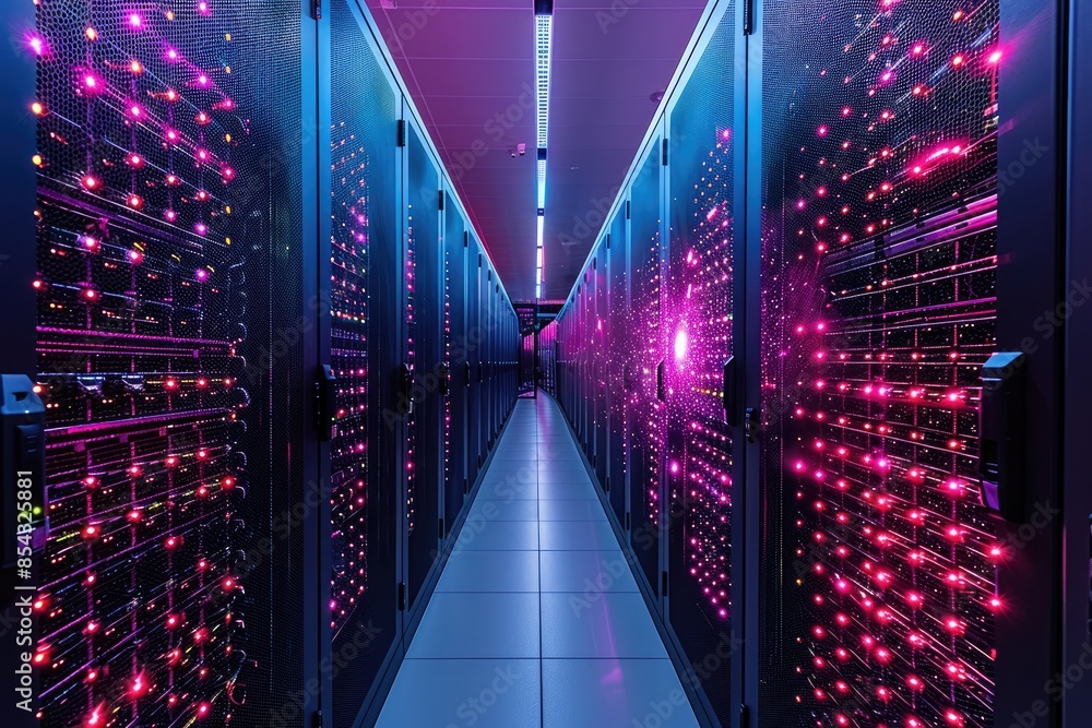 Poster a long hallway with many computer servers lit up in pink. the servers are connected to each other an
