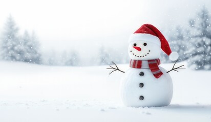 Fototapeta premium snowman with red hat and red scarf