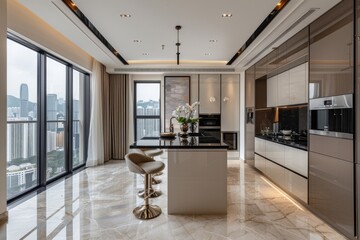 A modern kitchen with a large window overlooking the city
