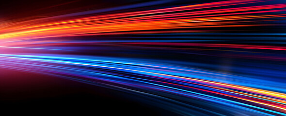 Abstract illustration depicting high-speed light trails in 3D, creating a dynamic and futuristic backdrop. The red and blue light motion trails convey a sense of fast movement and modern technology.