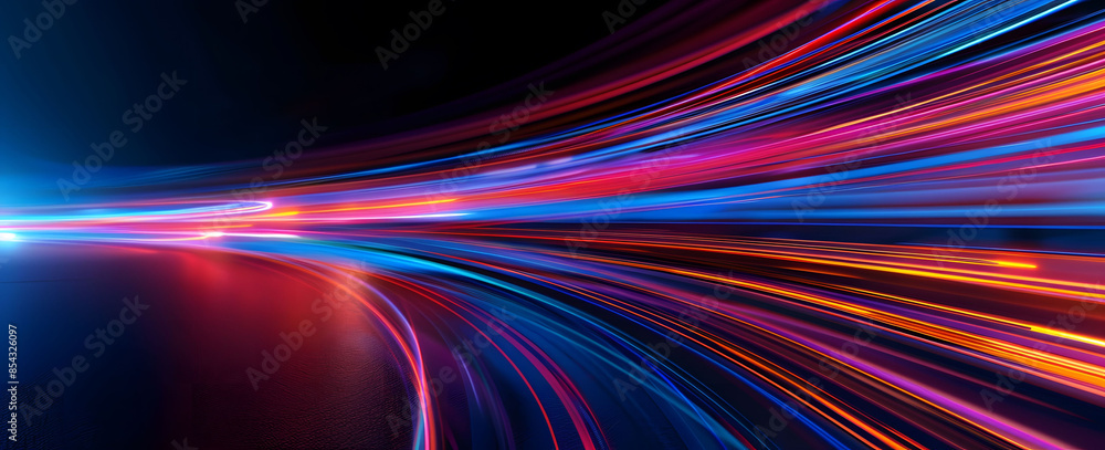 Poster abstract illustration depicting high-speed light trails in 3d, creating a dynamic and futuristic bac