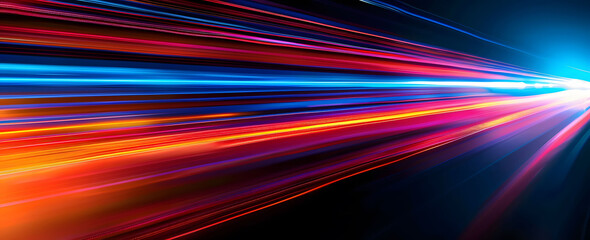 Abstract illustration depicting high-speed light trails in 3D, creating a dynamic and futuristic backdrop. The red and blue light motion trails convey a sense of fast movement and modern technology.