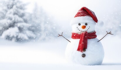 Fototapeta premium snowman with red hat and red scarf
