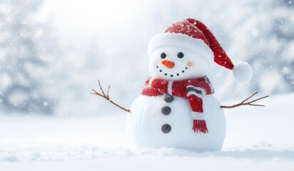 Fototapeta premium snowman with red hat and red scarf