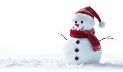 Fototapeta premium snowman with red hat and red scarf