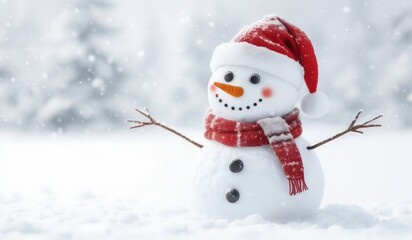 Fototapeta premium snowman with red hat and red scarf