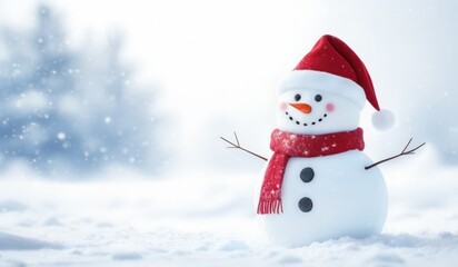 Fototapeta premium snowman with red hat and red scarf