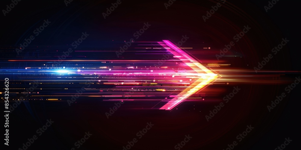 Poster a colorful arrow made of glowing light beams, pointing right at the center on a black background he 