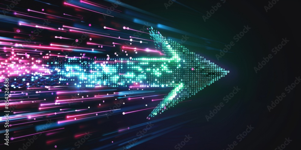 Poster a green arrow made of glowing light beams with blue and pink accents on a black background, represen