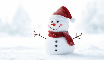Fototapeta premium snowman with red hat and red scarf