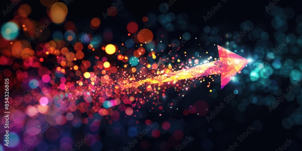 Poster a dynamic arrow made of glowing, colorful light beams and bokeh lights moving forward on a black bac